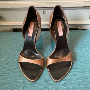 Alexandra Neel Elegant Satin Heels with Metallic Vine Embellishment on Back Heel